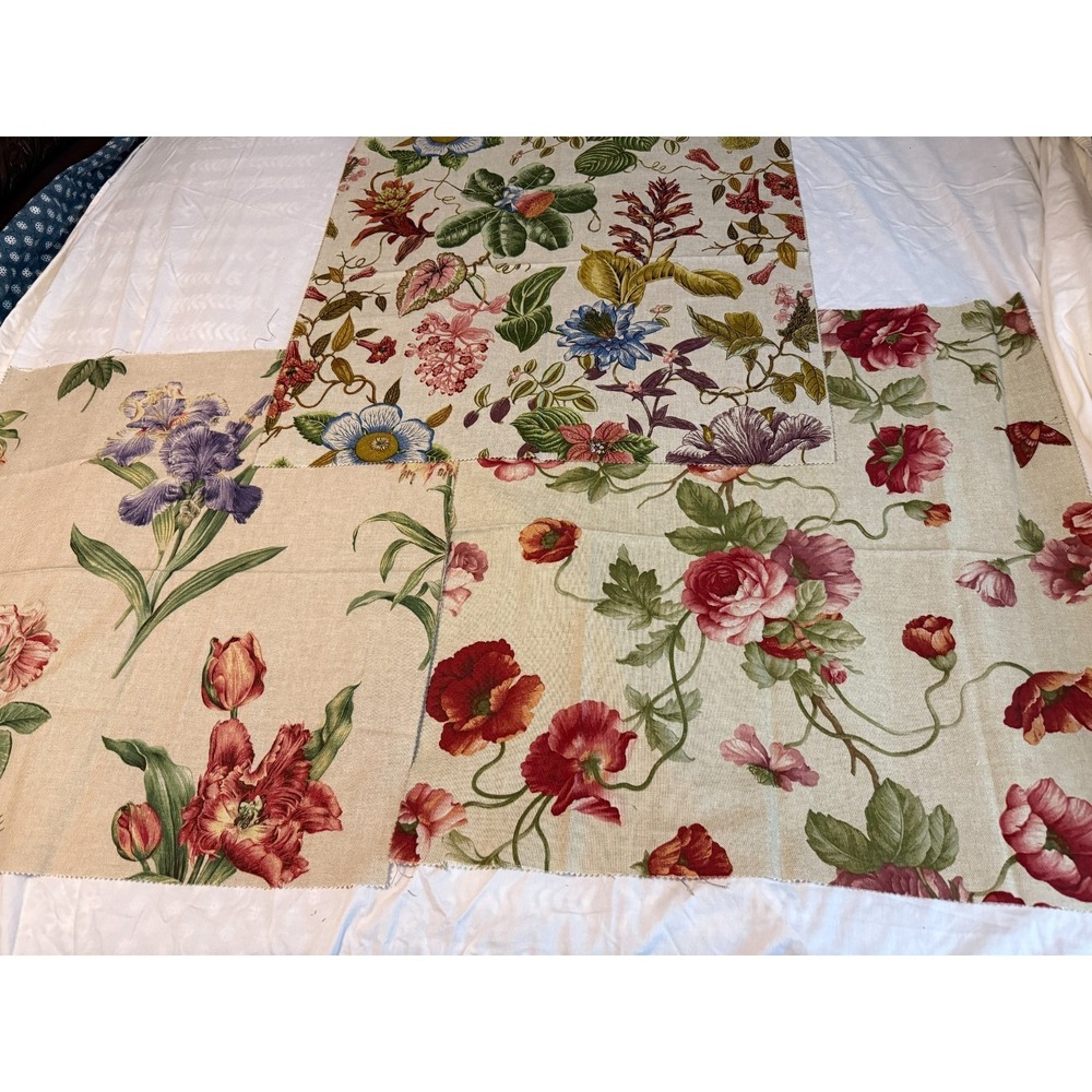 Lot of 3 floral print design fabrics cotton linen vintage new Iris 25"by25" each